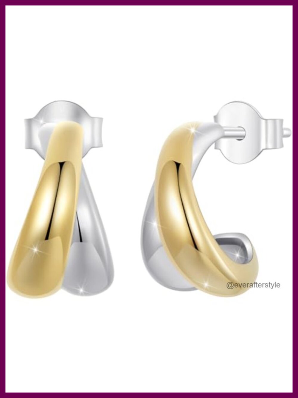 14K Gold Plated Two-Tone Oval Hoop Earrings Sterling Silver Posts Huggie